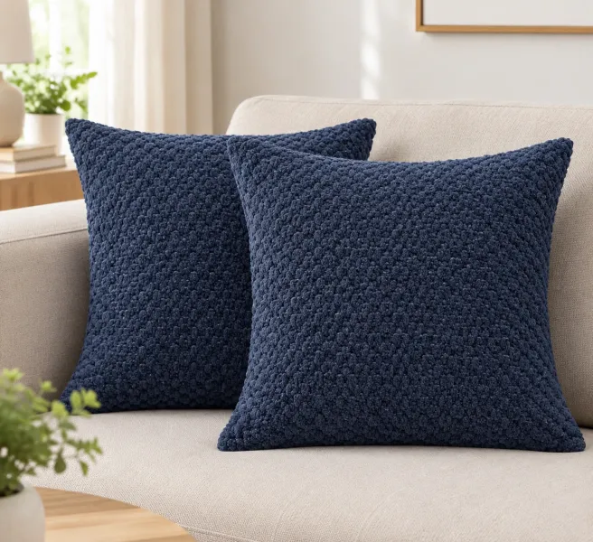 Woven Cotton-Chenille Cushion Cover – Navy Blue, 20×20 Inches (Pack of 2)
